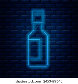 Glowing neon line Jewish wine bottle icon isolated on brick wall background.  Vector