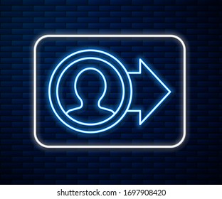 Glowing neon line Job promotion icon isolated on brick wall background. Success, achievement, motivation business symbol, growth.  Vector Illustration