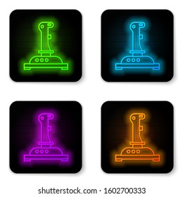 Glowing neon line Joystick for arcade machine icon isolated on white background. Joystick gamepad. Black square button. Vector Illustration