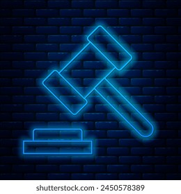 Glowing neon line Judge gavel icon isolated on brick wall background. Gavel for adjudication of sentences and bills, court, justice. Auction hammer.  Vector