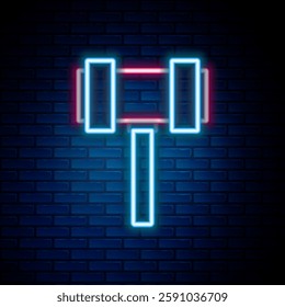 Glowing neon line Judge gavel icon isolated on brick wall background. Gavel for adjudication of sentences and bills, court, justice. Auction hammer. Colorful outline concept. Vector