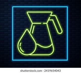 Glowing neon line Jug glass with water icon isolated on brick wall background. Kettle for water. Glass decanter with drinking water.  Vector Illustration