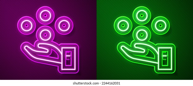 Glowing neon line Juggling ball icon isolated on purple and green background.  Vector