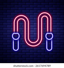 Glowing neon line Jump rope icon isolated on brick wall background. Skipping rope. Sport equipment. Colorful outline concept. Vector