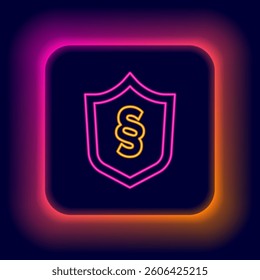 Glowing neon line Justice law in shield icon isolated on black background. Colorful outline concept. Vector