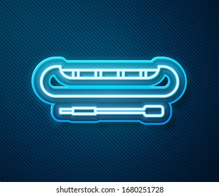 Glowing neon line Kayak and paddle icon isolated on blue background. Kayak and canoe for fishing and tourism. Outdoor activities.  Vector Illustration