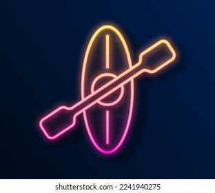 Glowing neon line Kayak and paddle icon isolated on black background. Kayak and canoe for fishing and tourism. Outdoor activities.  Vector