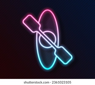 Glowing neon line Kayak and paddle icon isolated on black background. Kayak and canoe for fishing and tourism. Outdoor activities.  Vector