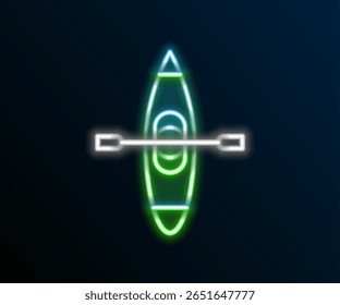 Luminosidade neon linha Kayak e ícone paddle isolado no fundo preto. Caiaque e canoa para pesca e turismo. Atividades ao ar livre Conceito de contorno colorido. Vetor