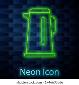 Glowing neon line Kettle with handle icon isolated on brick wall background. Teapot icon. Vector Illustration
