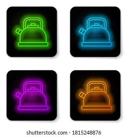 Glowing neon line Kettle with handle icon isolated on white background. Teapot icon. Black square button. Vector.