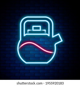 Tuerca de neón brillante con icono de mango aislado en el fondo de la pared de ladrillo. Icono de la tetera. Concepto de esquema colorido. Vector