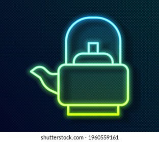 Glowing neon line Kettle with handle icon isolated on black background. Teapot icon. Vector