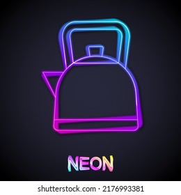 Glowing neon line Kettle with handle icon isolated on black background. Teapot icon.  Vector