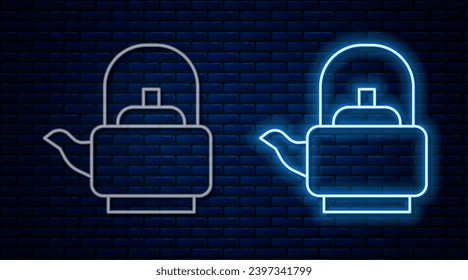 Glowing neon line Kettle with handle icon isolated on brick wall background. Teapot icon.  Vector