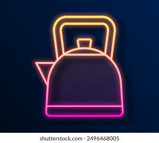 Glowing neon line Kettle with handle icon isolated on black background. Teapot icon.  Vector