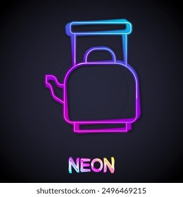 Glowing neon line Kettle with handle icon isolated on black background. Teapot icon.  Vector