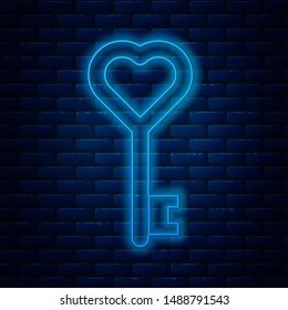 Glowing neon line Key in heart shape icon isolated on brick wall background.  Vector Illustration