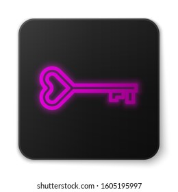 Glowing neon line Key in heart shape icon isolated on white background. Valentines day symbol. Black square button. Vector Illustration