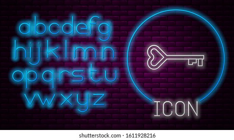 Glowing neon line Key in heart shape icon isolated on brick wall background. Valentines day symbol. Neon light alphabet. Vector Illustration
