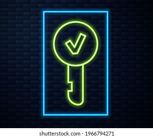 Glowing neon line Key icon isolated on brick wall background.  Vector Illustration