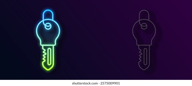 Glowing neon line Key icon isolated on black background.  Vector