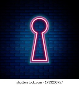 Glowing neon line Keyhole icon isolated on brick wall background. Key of success solution. Keyhole express the concept of riddle, secret, safety, security. Colorful outline concept. Vector
