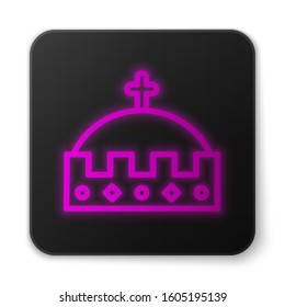 Glowing neon line King crown icon isolated on white background. Black square button. Vector Illustration