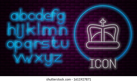Glowing neon line King crown icon isolated on brick wall background. Neon light alphabet. Vector Illustration