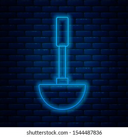 Glowing neon line Kitchen ladle icon isolated on brick wall background. Cooking utensil. Cutlery spoon sign.  Vector Illustration