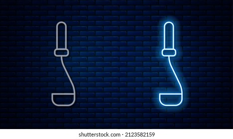 Glowing neon line Kitchen ladle icon isolated on brick wall background. Cooking utensil. Cutlery spoon sign.  Vector