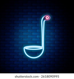 Glowing neon line Kitchen ladle icon isolated on brick wall background. Cooking utensil. Cutlery spoon sign. Colorful outline concept. Vector