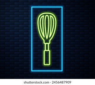 Glowing neon line Kitchen whisk icon isolated on brick wall background. Cooking utensil, egg beater. Cutlery sign. Food mix symbol.  Vector Illustration