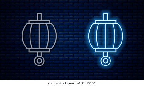 Glowing neon line Korean paper lantern icon isolated on brick wall background.  Vector