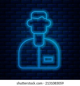 Glowing neon line Laboratory assistant icon isolated on brick wall background.  Vector