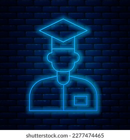 Icono del asistente de laboratorio de neón brillante aislado en el fondo de la pared de ladrillo.  Vector