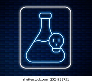 Glowing neon line Laboratory chemical beaker with toxic liquid icon isolated on brick wall background. Biohazard symbol. Dangerous symbol with radiation icon.  Vector