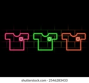 Glowing neon line Laboratory uniform icon isolated on brick wall background. Gown for pharmaceutical research workers. Medical employee equipment. Vector.