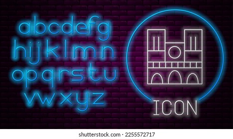 Glowing neon line Landmark of France Notre Dame de Paris icon isolated on brick wall background. Neon light alphabet. Vector