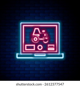 Glowing neon line Laptop application for control a autonomous tractor on a smart farm icon isolated on brick wall background. Smart agriculture implement. Colorful outline concept. Vector