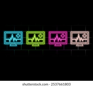 Laptop com ícone de cardiograma isolado no fundo da parede de tijolos. Ícone Monitoramento. Monitor ECG com batimento cardíaco desenhado à mão. Vetor.verde.