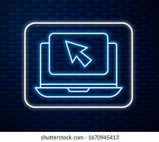 Glowing neon line Laptop and cursor icon isolated on brick wall background. Computer notebook with empty screen sign.  Vector Illustration