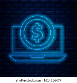 Glowing neon line Laptop with dollar symbol icon isolated on brick wall background. Online shopping concept. Earnings in the Internet, marketing.  Vector Illustration