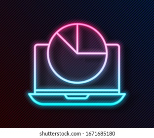 Glowing neon line Laptop with graph chart icon isolated on black background. Report text file icon. Accounting sign. Audit, analysis, planning.  Vector Illustration