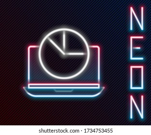 Glühende Neonline Laptop mit Graph Chart Icon isoliert auf schwarzem Hintergrund. Melden Sie das Symbol für Textdateien. Buchhaltungszeichen Prüfung, Analyse, Planung. Farbenfrohe Kontur. Vector Illustration