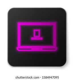 Glowing neon line Laptop icon isolated on white background. Computer notebook with empty screen sign. Black square button. Vector Illustration