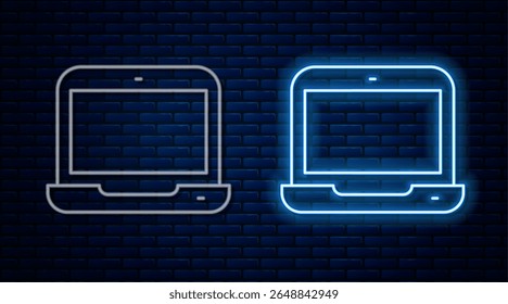 Glowing neon line Laptop icon isolated on brick wall background. Computer notebook with empty screen sign.  Vector