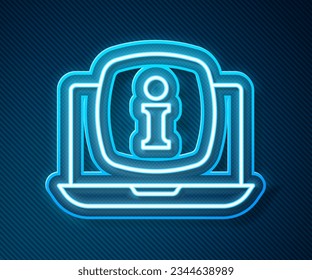 Glowing neon line Laptop with information icon isolated on blue background.  Vector