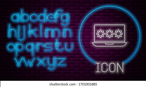 Glowing neon line Laptop with password notification icon isolated on brick wall background. Security, personal access, user authorization, login form. Neon light alphabet. Vector Illustration