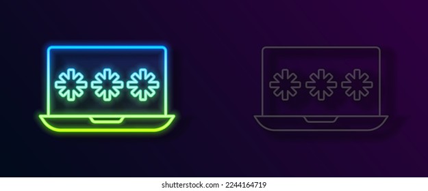 Glowing neon line Laptop with password notification icon isolated on black background. Security, personal access, user authorization, login form.  Vector